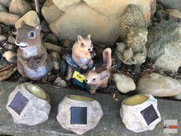 Yard & Garden - 3 animal decor 2 resin squirrels 9"h & chipmunk pair 7"h & 3 solar rock lights 5"x5"