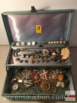 Jewelry - Vintage jewelry box w/ misc. jewelry and buttons, 9.5"w