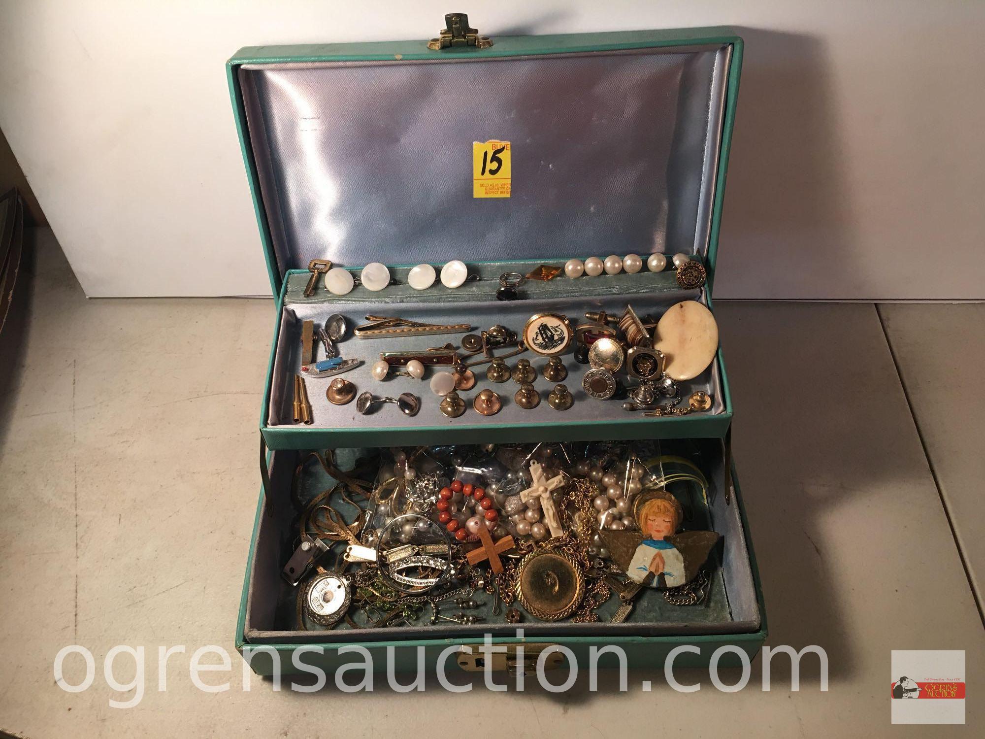 Jewelry - Vintage jewelry box w/ misc. jewelry and buttons, 9.5"w