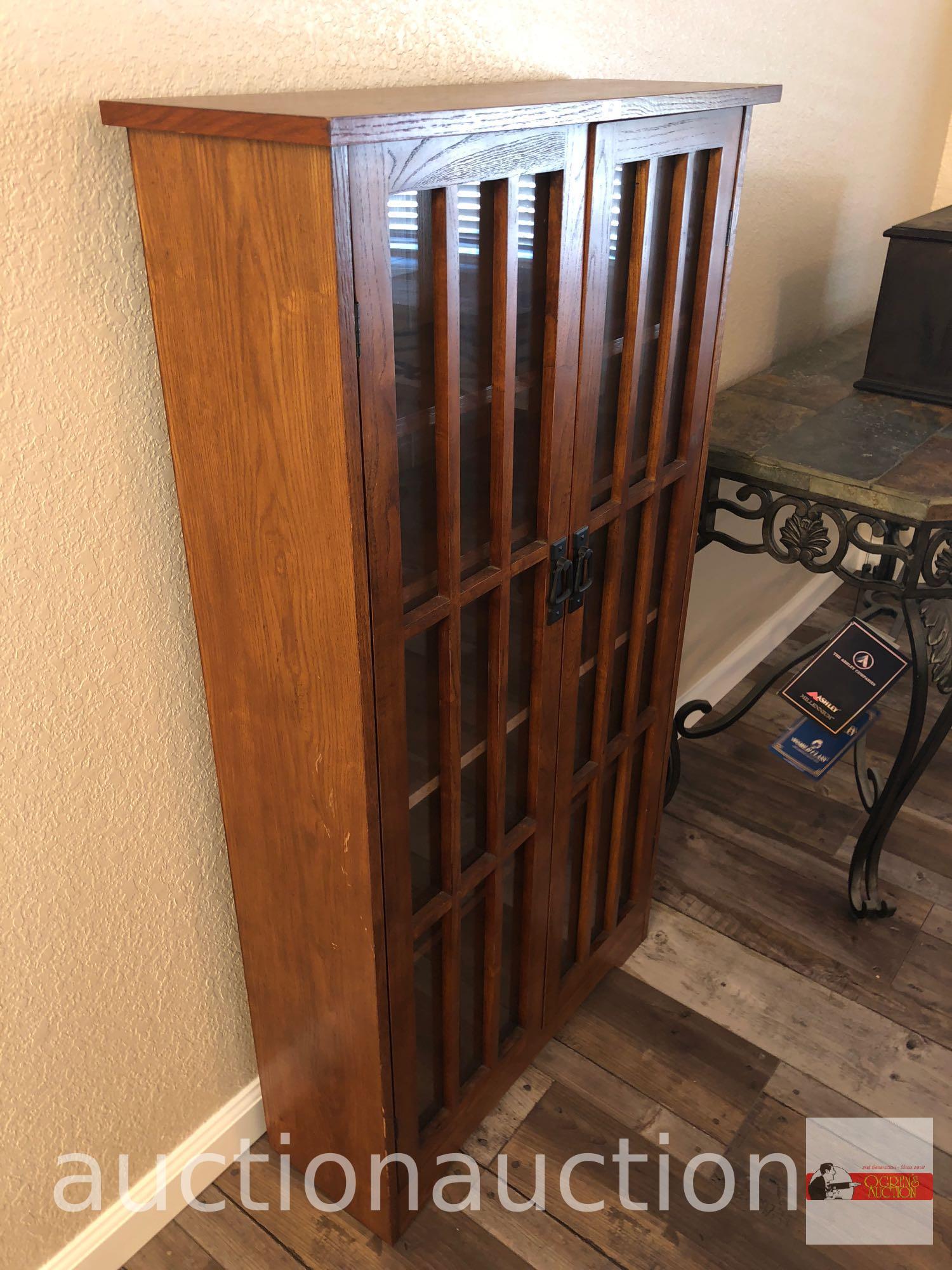 Furniture - Mission styled oak display cabinet, 5 shelves, 2 door, 26"wx9"dx48"h