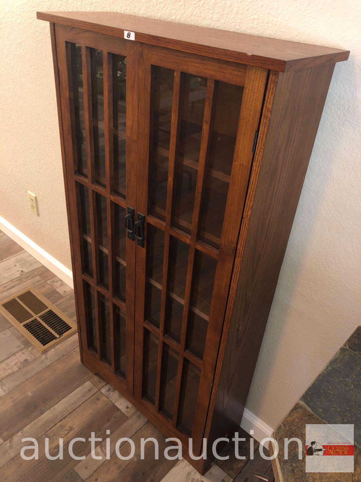 Furniture - Mission styled oak display cabinet, 5 shelves, 2 door, 26"wx9"dx48"h