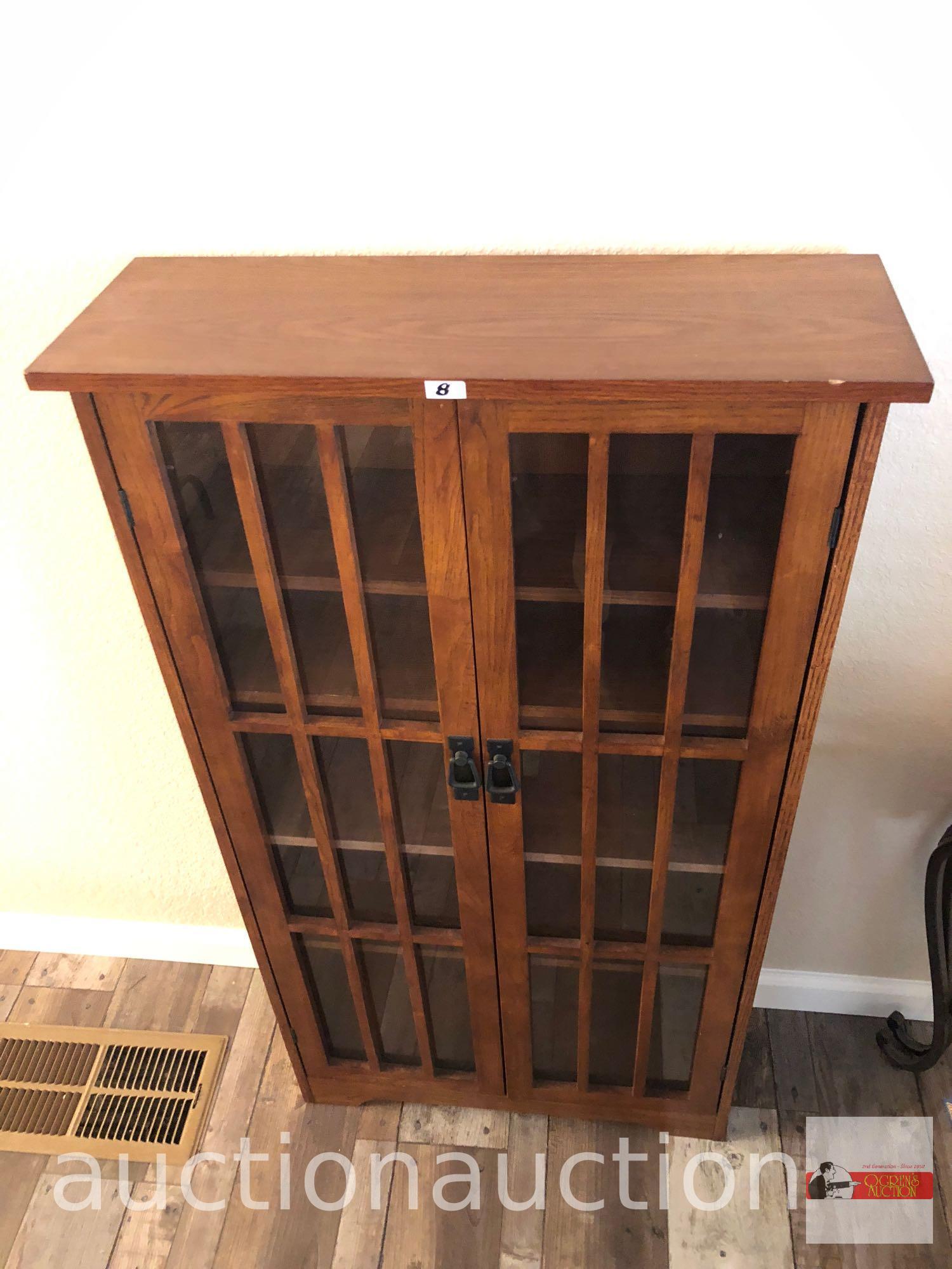 Furniture - Mission styled oak display cabinet, 5 shelves, 2 door, 26"wx9"dx48"h