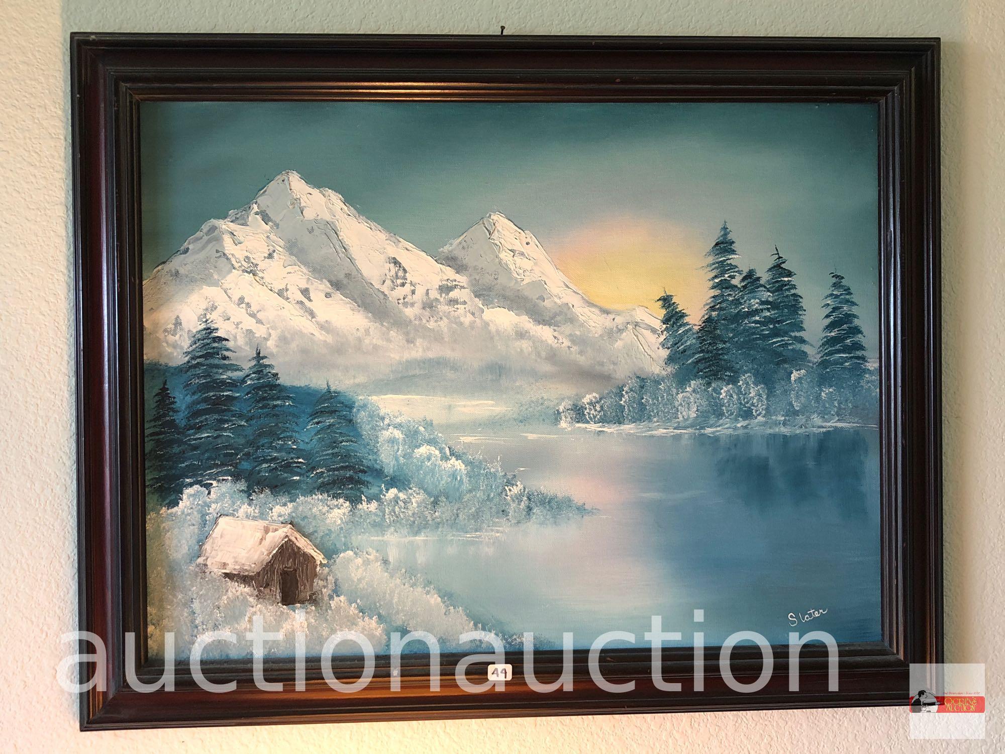 Artwork - Oil painting, winter landscape by Slater, wood framed, 28"wx22"hx1.5"d