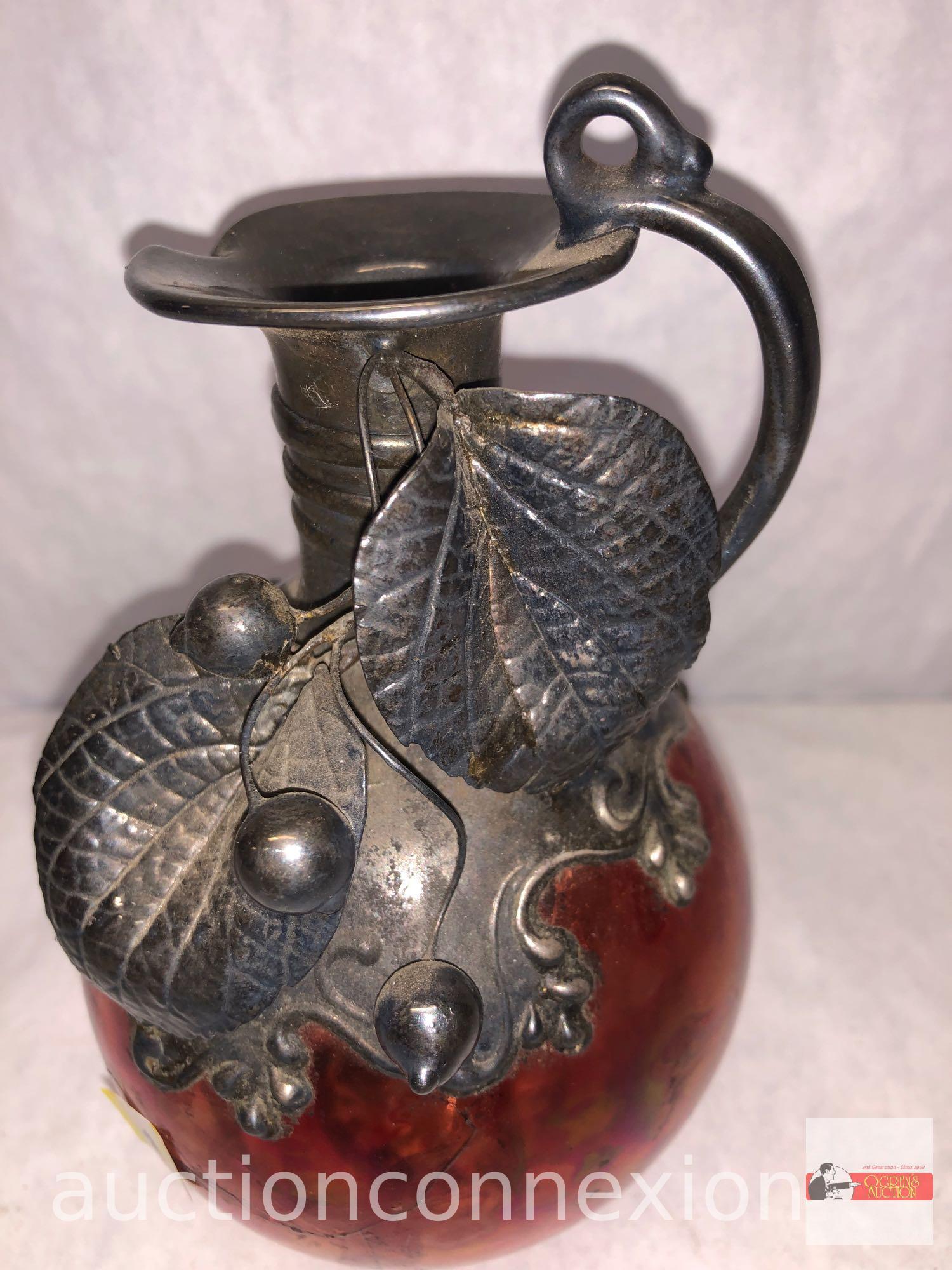 Pitcher - Hand blown glass pitcher with metal decor top