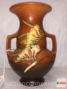 Pottery - Roseville - #122-8, brown, double handle vase, Freesia is a late period pattern introduced