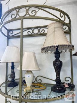 3 Lamps with shades, 15"h, 3 way touch lamp 18.5"h w/pleated shade, 27"h w/beaded rim shade