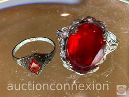 Jewelry - 2 Rings, Victorian w/ translucent red stones, lg. one has cut band, sm. one is sz. 4.75