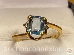 Jewelry - Fashion Ring, radiant cut blue stone, 18k heavy gold electroplate w/3 stones, sz. 9.75
