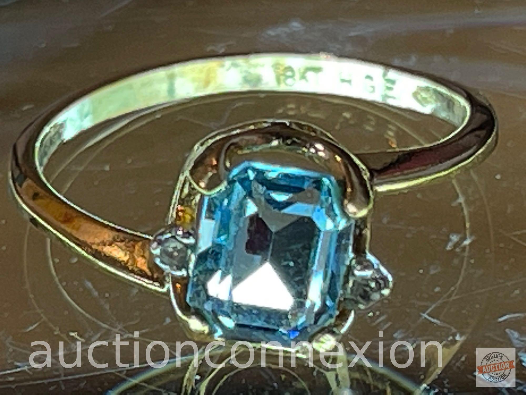 Jewelry - Fashion Ring, radiant cut blue stone, 18k heavy gold electroplate w/3 stones, sz. 9.75