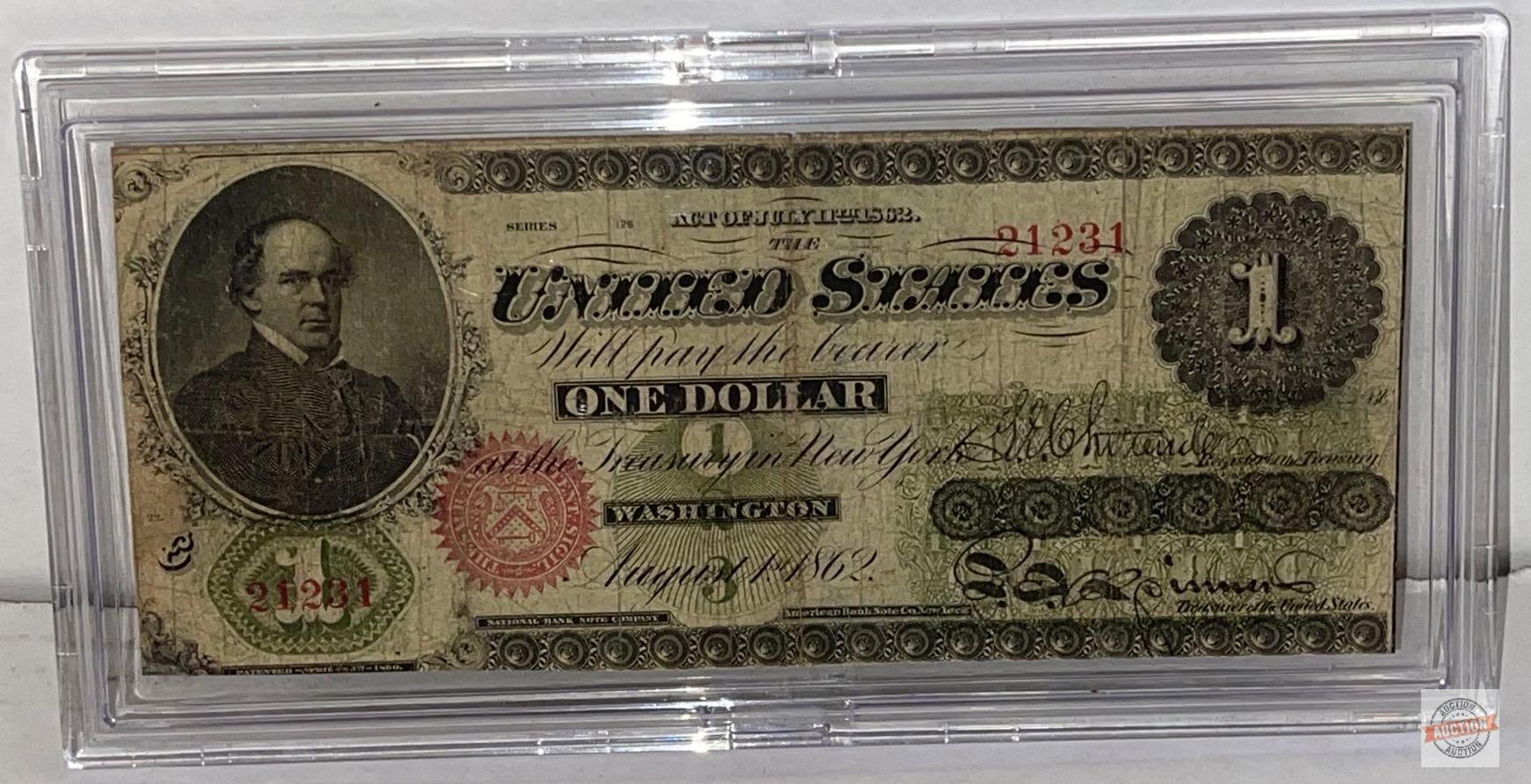 1862 First US $1 dollar bill, US note, large size, August 1st 1862, Red seal, Chase Greenback #21231