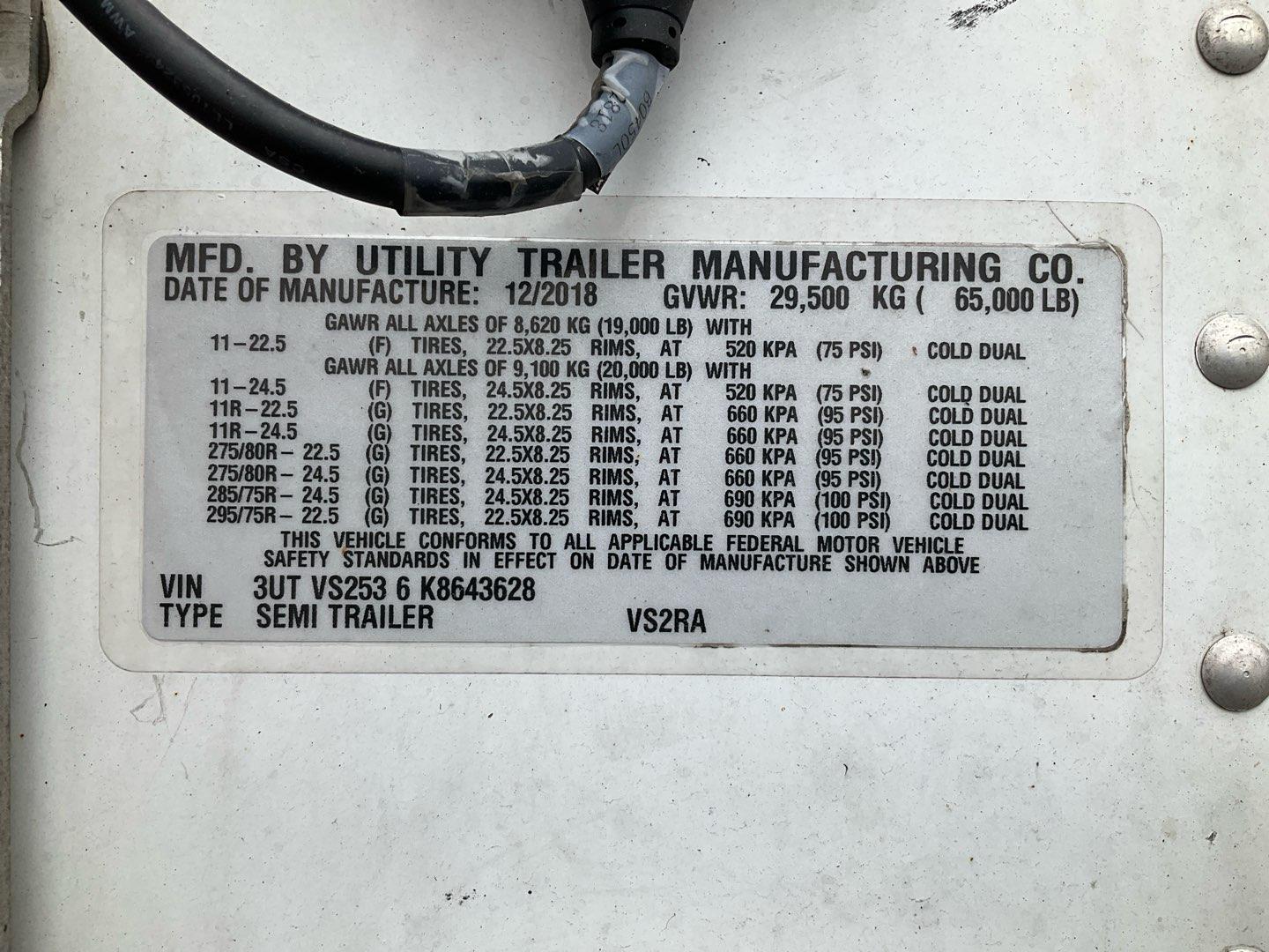 2019 UTILITY  REEFER Serial Number: 3UTVS2536K8643628