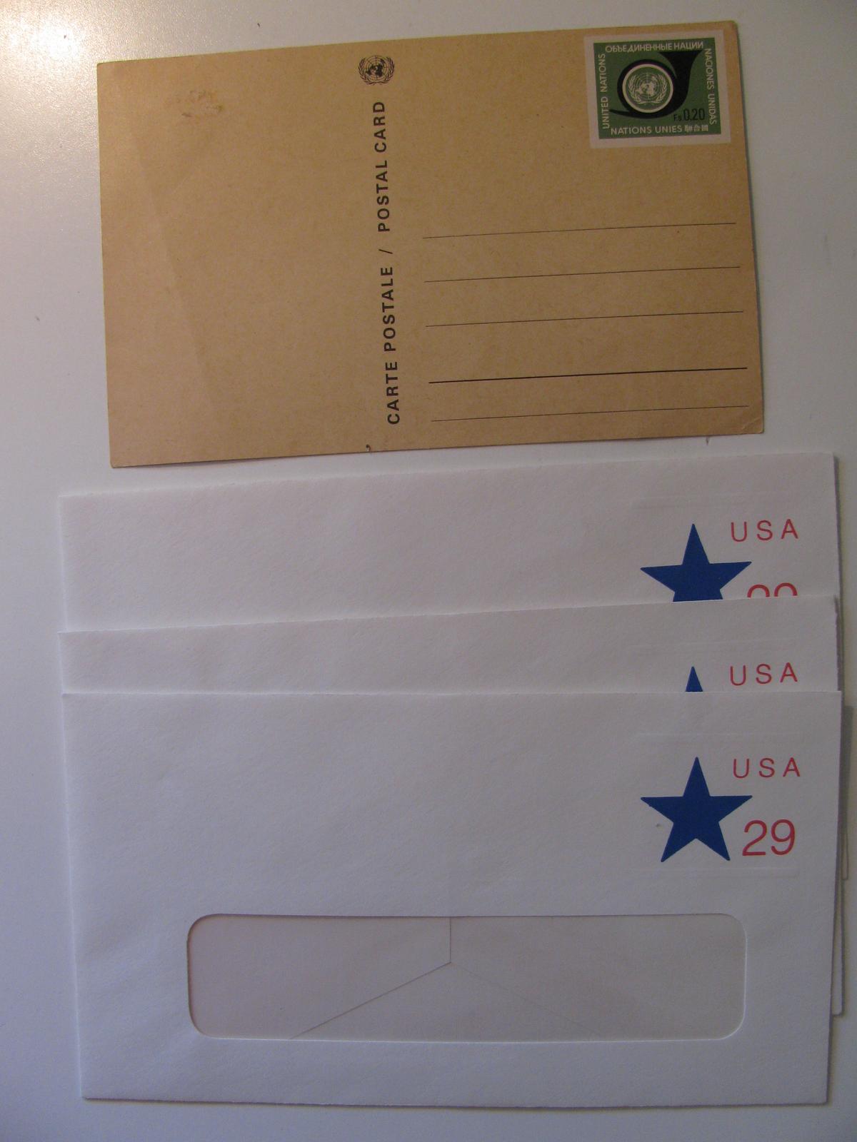 3x29 Cents Unused envelopes & UN Post Card