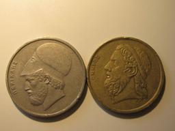 Foreign Coins:  Greece 1984 20 & 1988 50 Drachmas