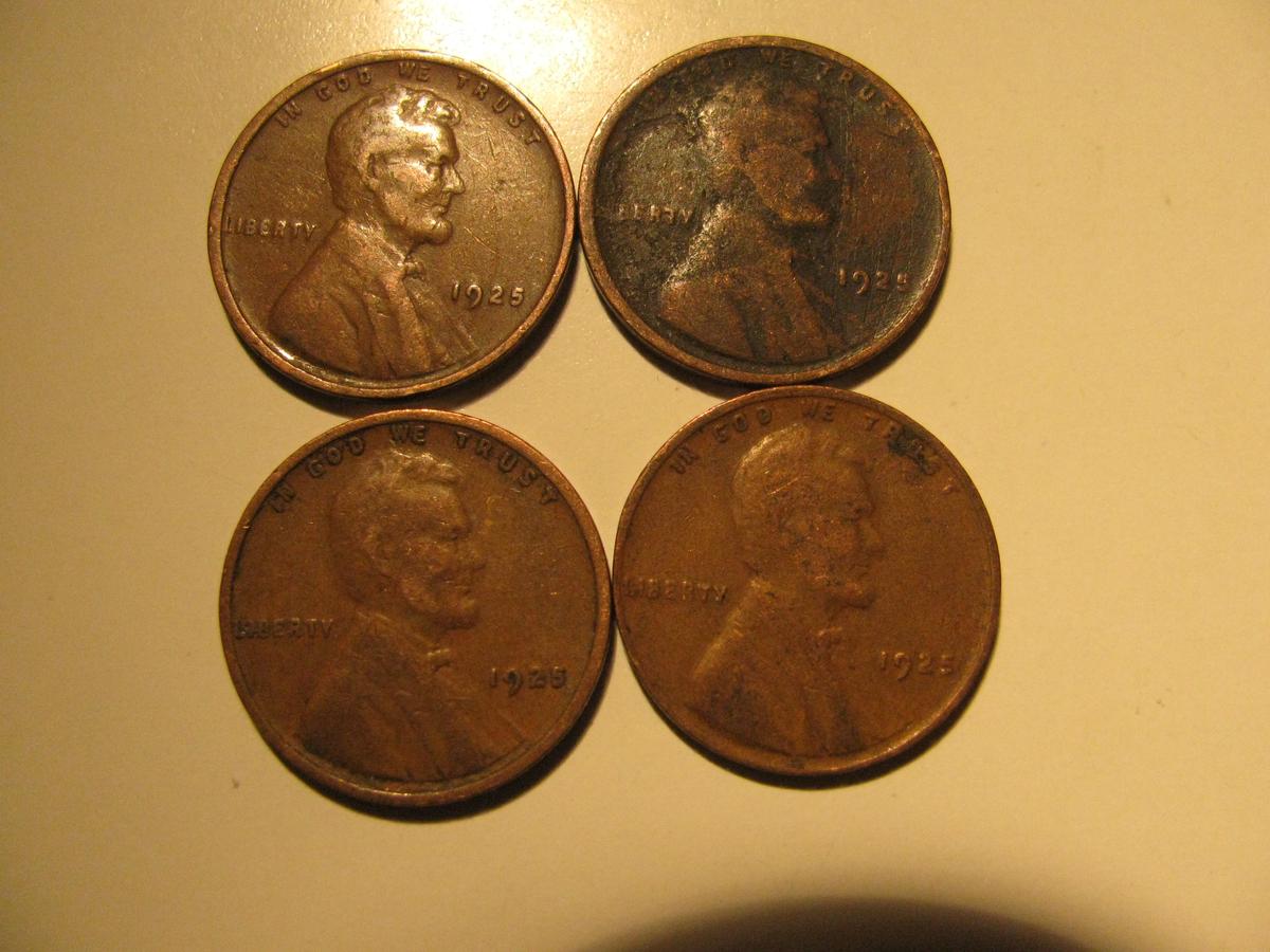 US Coins: 4x1925 Wheat Pennies