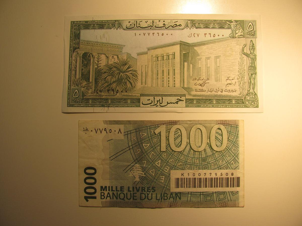 Foreign Currency: Lebanon 5 & 1,000  Livres