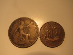 Foreign Coins: Great Britain 1917 (WWI) Penny & 1949 1/2 Penny