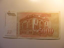 Foreign Currency: 1993 Yugoslavia 5,000 Dinara