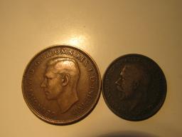 Foreign Coins: Great Britain 1937 Penny & 1925 1/2 Penny