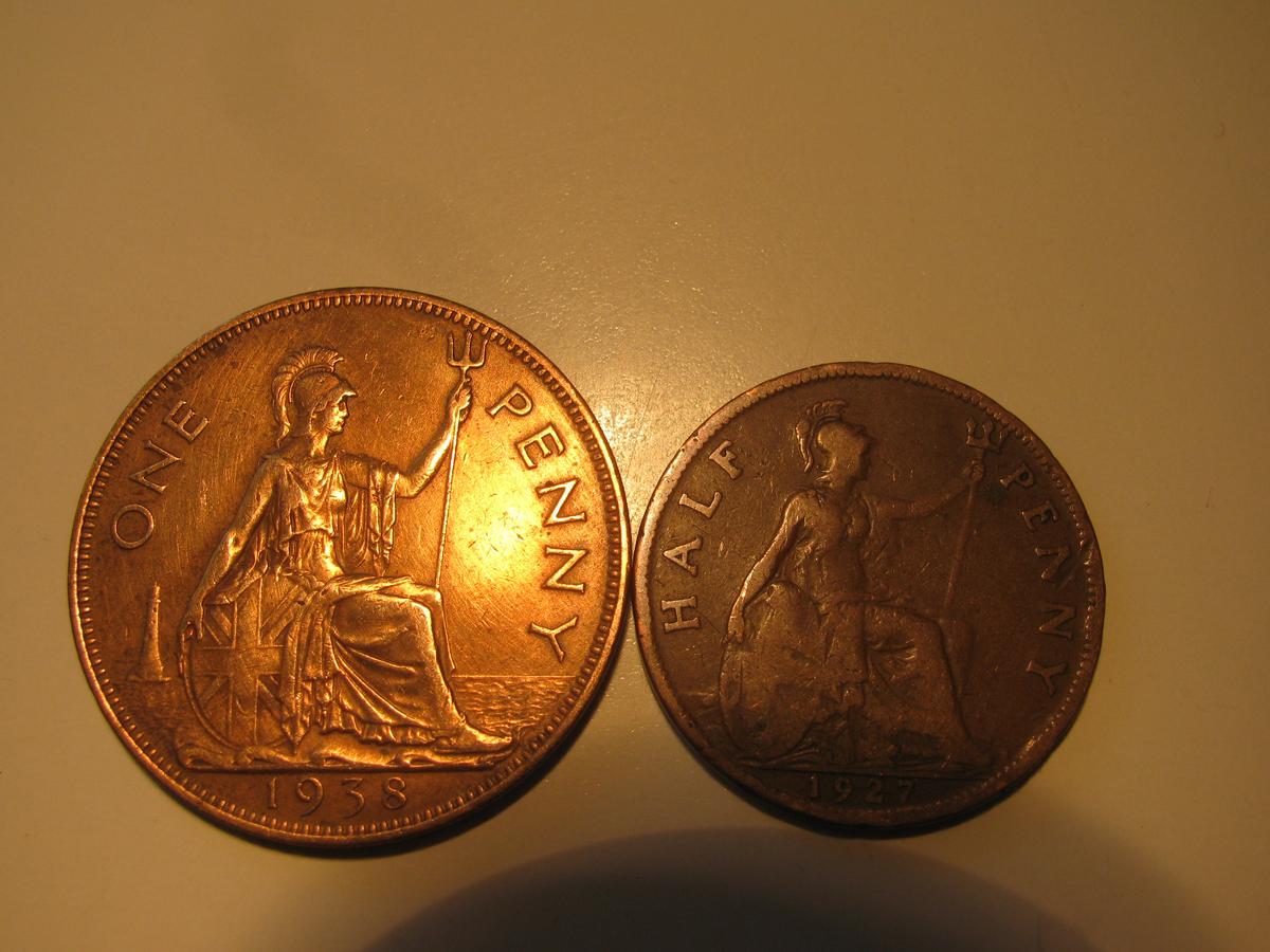 Foreign Coins: Great Britain  1938 Penny & 1927 1/2 Penny