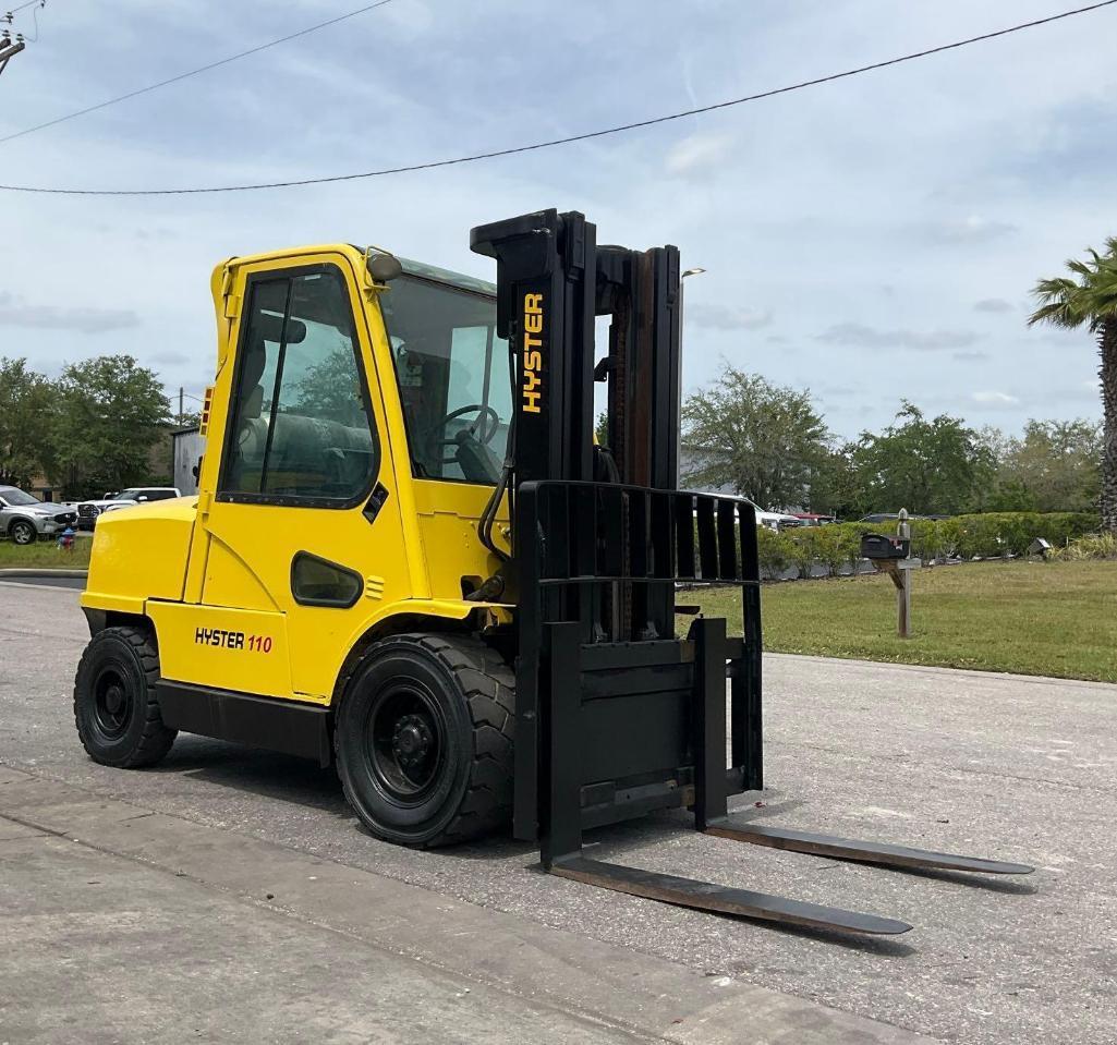 HYSTER FORKLIFT MODEL H110XM, LP POWERED, ENCLOSED CAB, APPROX MAX CAPACITY 11,000LBS, APPROX MAX