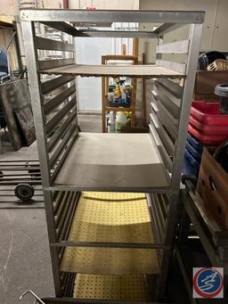 green wire shelves, (3) rolling carts, meat tubs, and produce scale