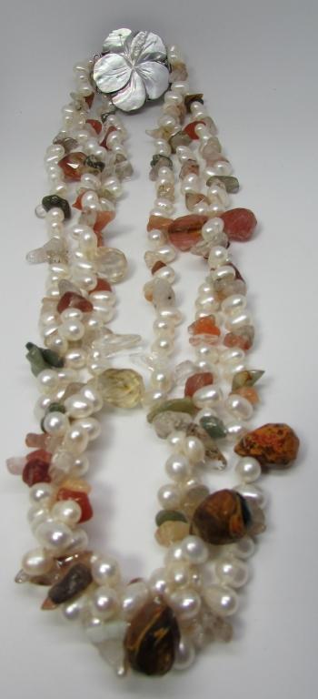 CULTURED PEARL GEMSTONE NECKLACE 3 STRAND BEADS