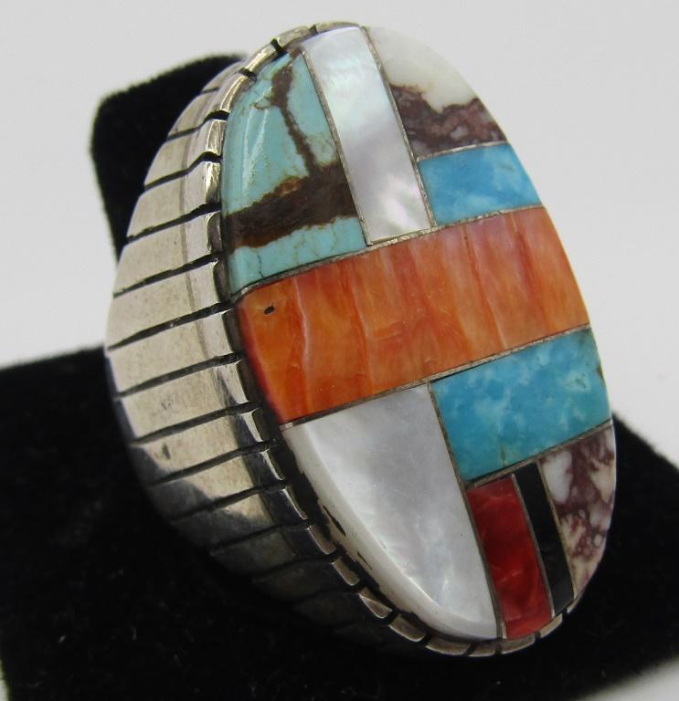 "R" TURQUOISE INLAY RING STERLING SILVER SIZE 13