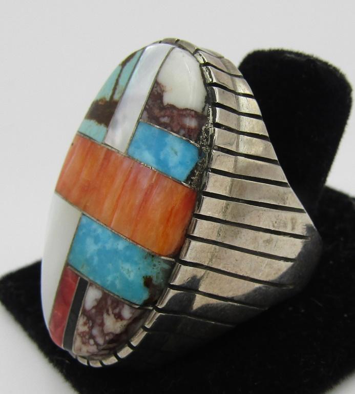 "R" TURQUOISE INLAY RING STERLING SILVER SIZE 13