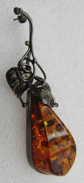 FOSSILIZED BALTIC AMBER PIN STERLING SILVER BROOCH