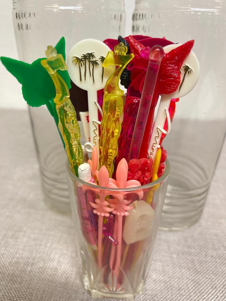 Pair of Glass Decanters with Plastic Swizzle Sticks