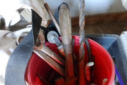 MILK CRATE WITH HAND TOOLS DRY WALL TAPE AND ADJ WRENCHES AND PIPE WRENCHES