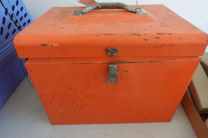 BLACK AND DECKER STEEL BOX WITH CONTENTS OF MISC TOOLS HARDWARE VINTAGE CAM