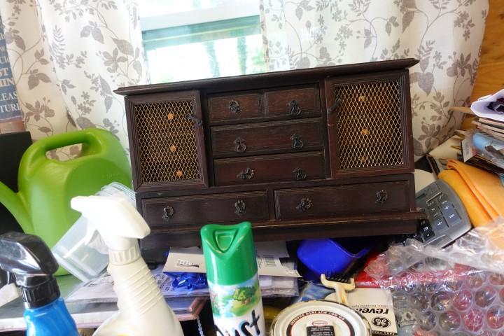 WORK BENCH WITH WRAPPING PAPER JEWELRY BOX HARDWARD CABINET AND MORE