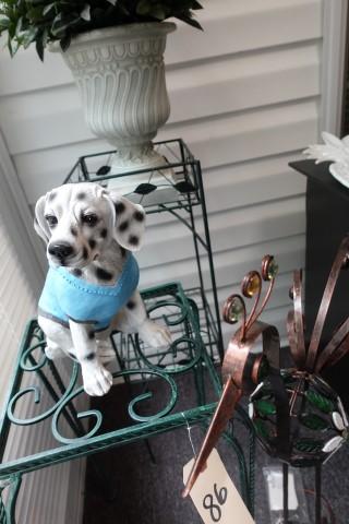 TWO WIRE PLANT STANDS WITH DALMATION FIGURINE METAL ART BIRD