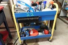 SHOP CART ON CASTERS WITH CONTENTS MISC PAINTS CHAINS ETC