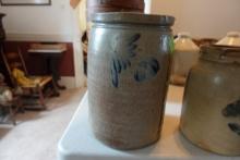 ANTIQUE SALT GLAZE CROCK WITH BLUE FLOWER DESIGN 12 INCH X 8 INCH