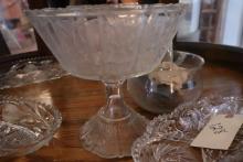 SHELF LOT INCLUDING CUT GLASS SERVING PCS PEDESTAL BOWL AND BASKET