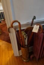 BRASS UMBRELLA STAND WITH COLLECTION OF CANES OLD AND NEW