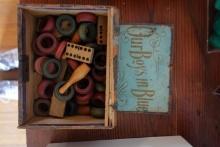 CIGAR BOX FULL OF ANTIQUE WOODEN BOARD GAME PIECES