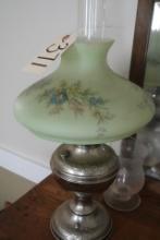 ANTIQUE NICKEL OIL LAMP CONVERTED WITH HAND PAINTED SHADE