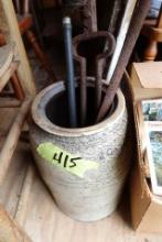 EARLY SALT GLAZE CROCK WITH PRIMITIVE FIRE PLACE TOOLS