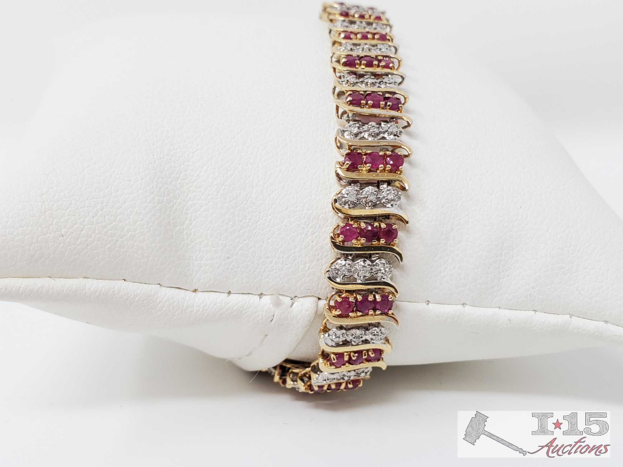 10k Gold Ruby and Diamond Bracelet, 11.9g