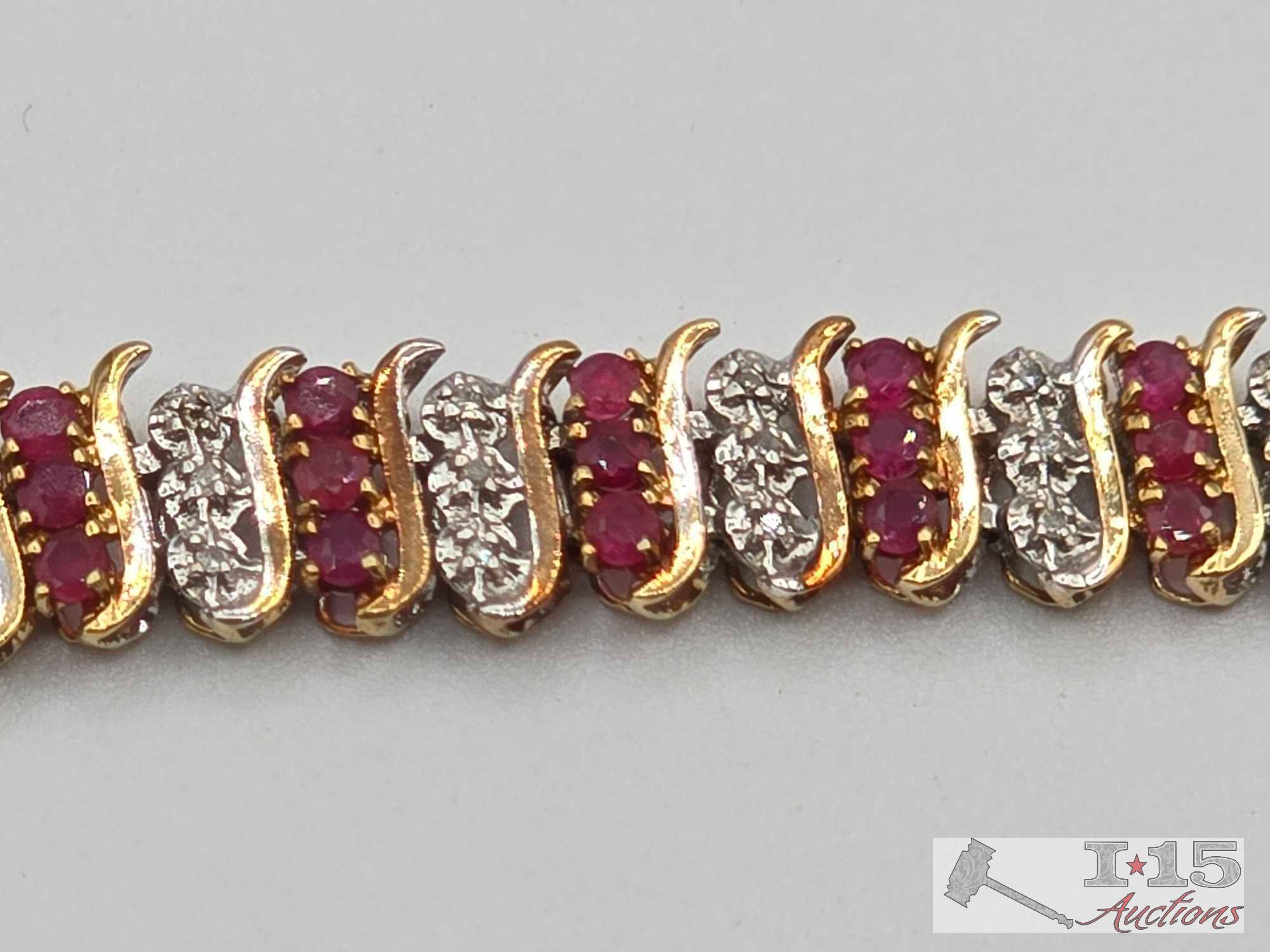 10k Gold Ruby and Diamond Bracelet, 11.9g