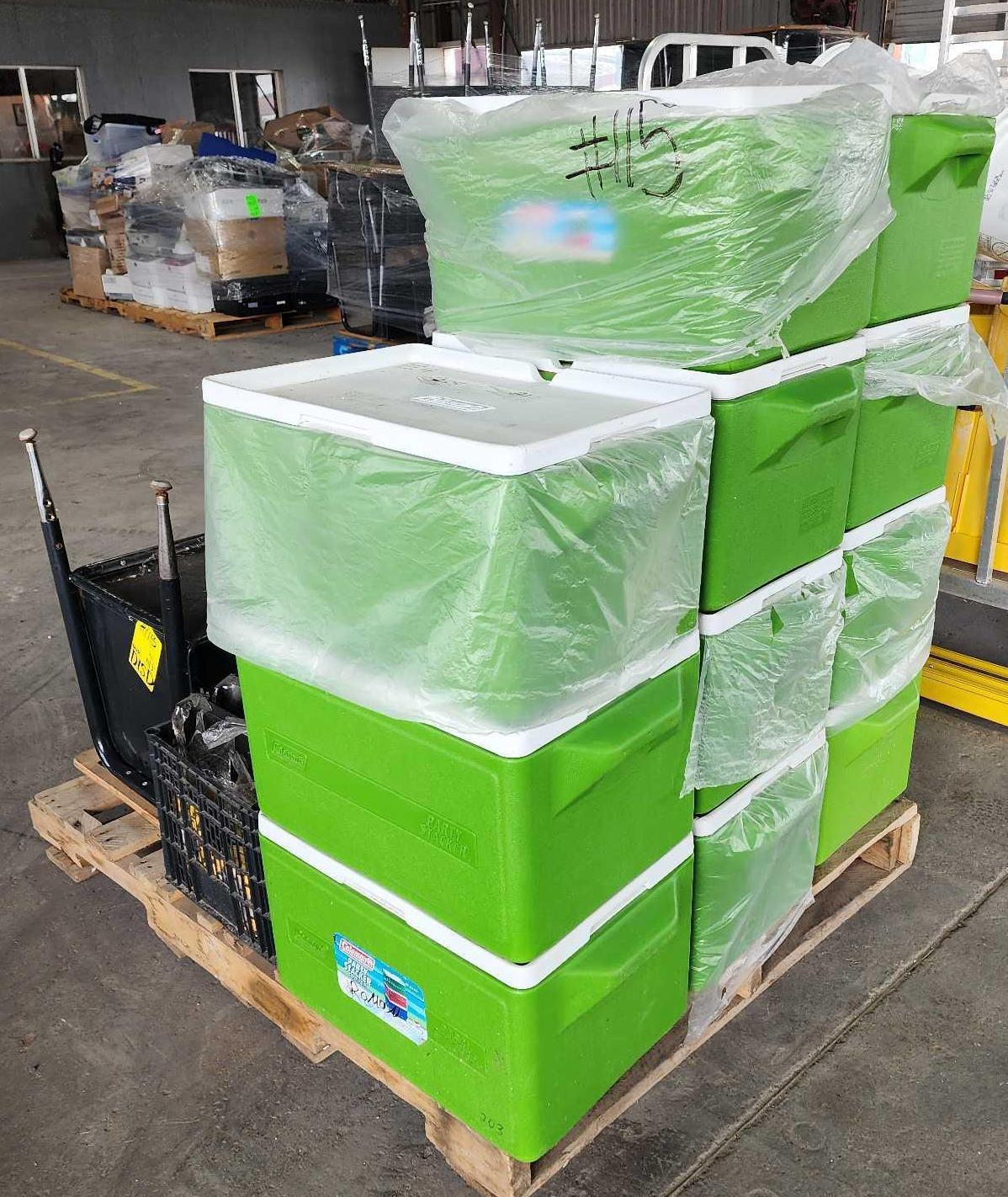 Group of Green Igloo Cooler Ice Chests, (1) Student Desk, (1) Wooden Cubicle Storage, Etc