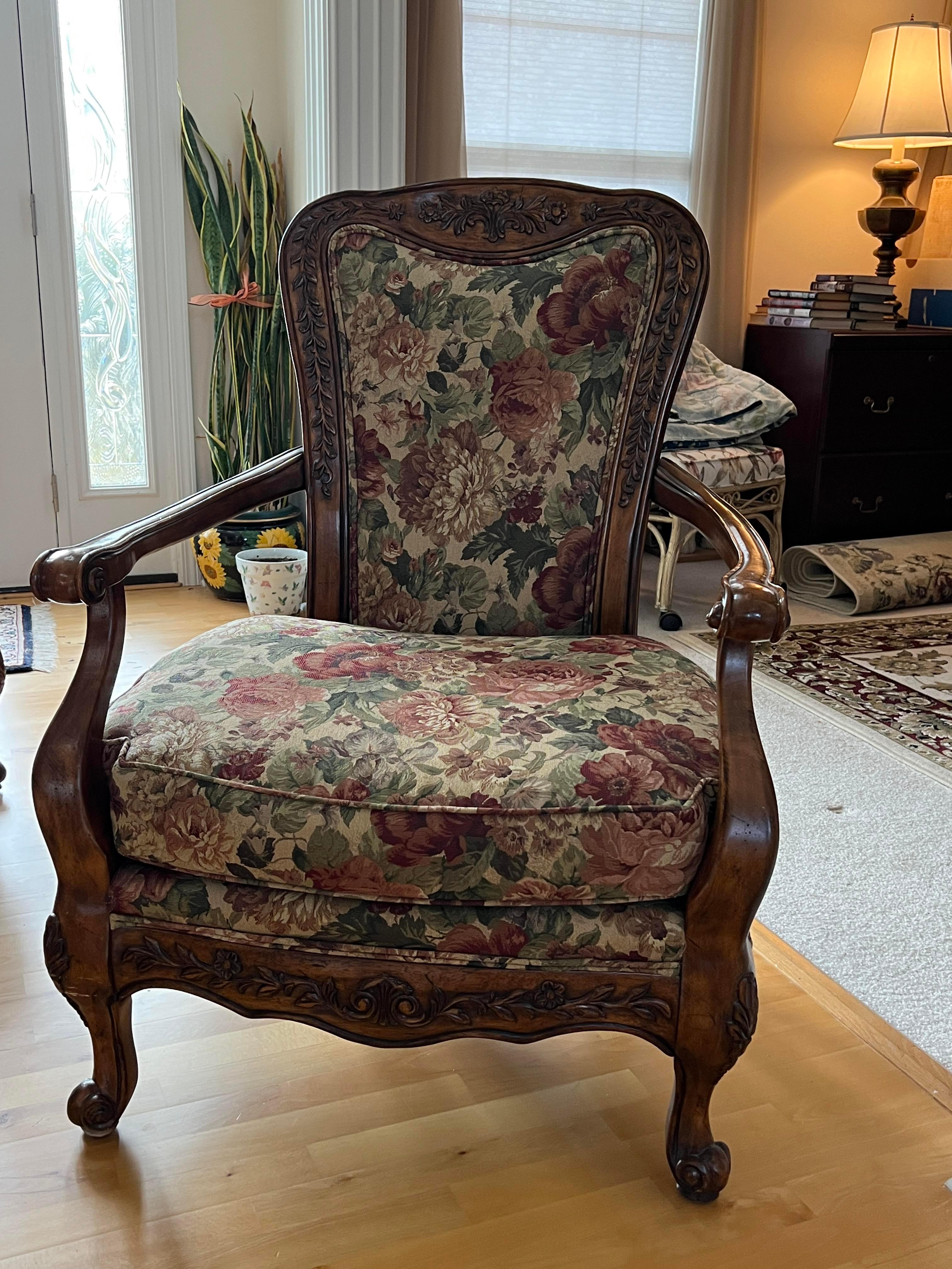 Beautiful Carved Wood Arm Chair with Floral Upholstery