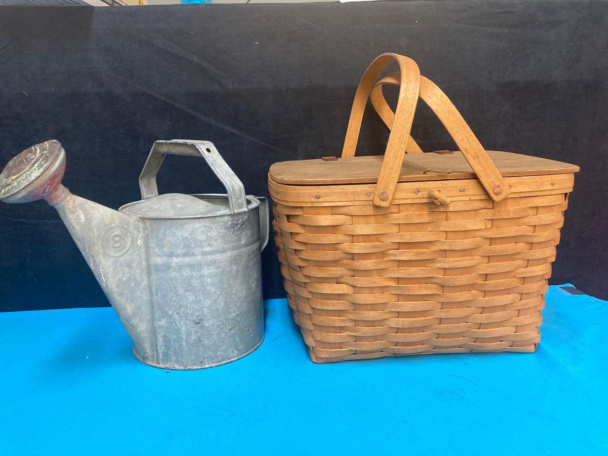 Galvanized watering can and Longaberger picnic basket