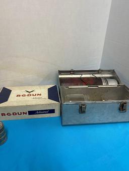 Centage lunchbox with thermos cigar box, milk, bottle, miscellaneous glass