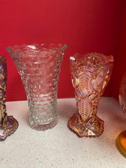 2 LE Smith iridescent vases, 2 Ruby and Amber vases, and a clear Fostoria vase