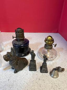 Kerosene lamp bases and vases, mainly smaller and cast-iron statue of liberty liberty bells