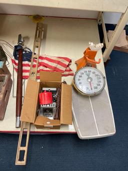 Miscellaneous lot Coke crate army box flag scales and more